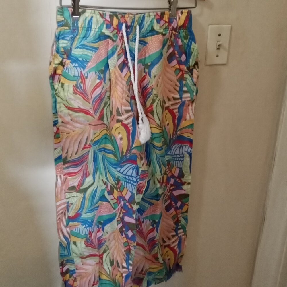C&C California Linen Pants Sz S Tropical Floral Wide Leg Pull On orange blue - Picture 4 of 4